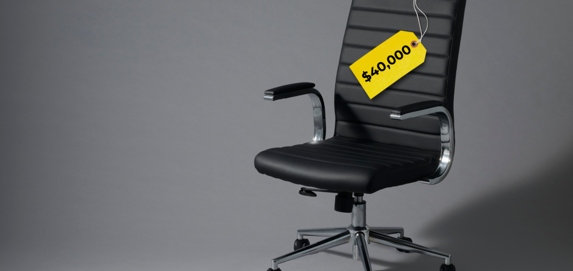 black office chair in an empty room with a $40,000 price tag to symbolise the cost of a slipping newsletter
