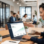 A business woman sitting at her desk, looking at her newsletter open rates