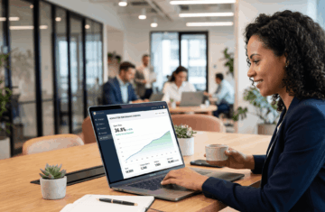 A business woman sitting at her desk, looking at her newsletter open rates