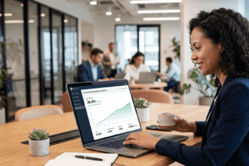 A business woman sitting at her desk, looking at her newsletter open rates