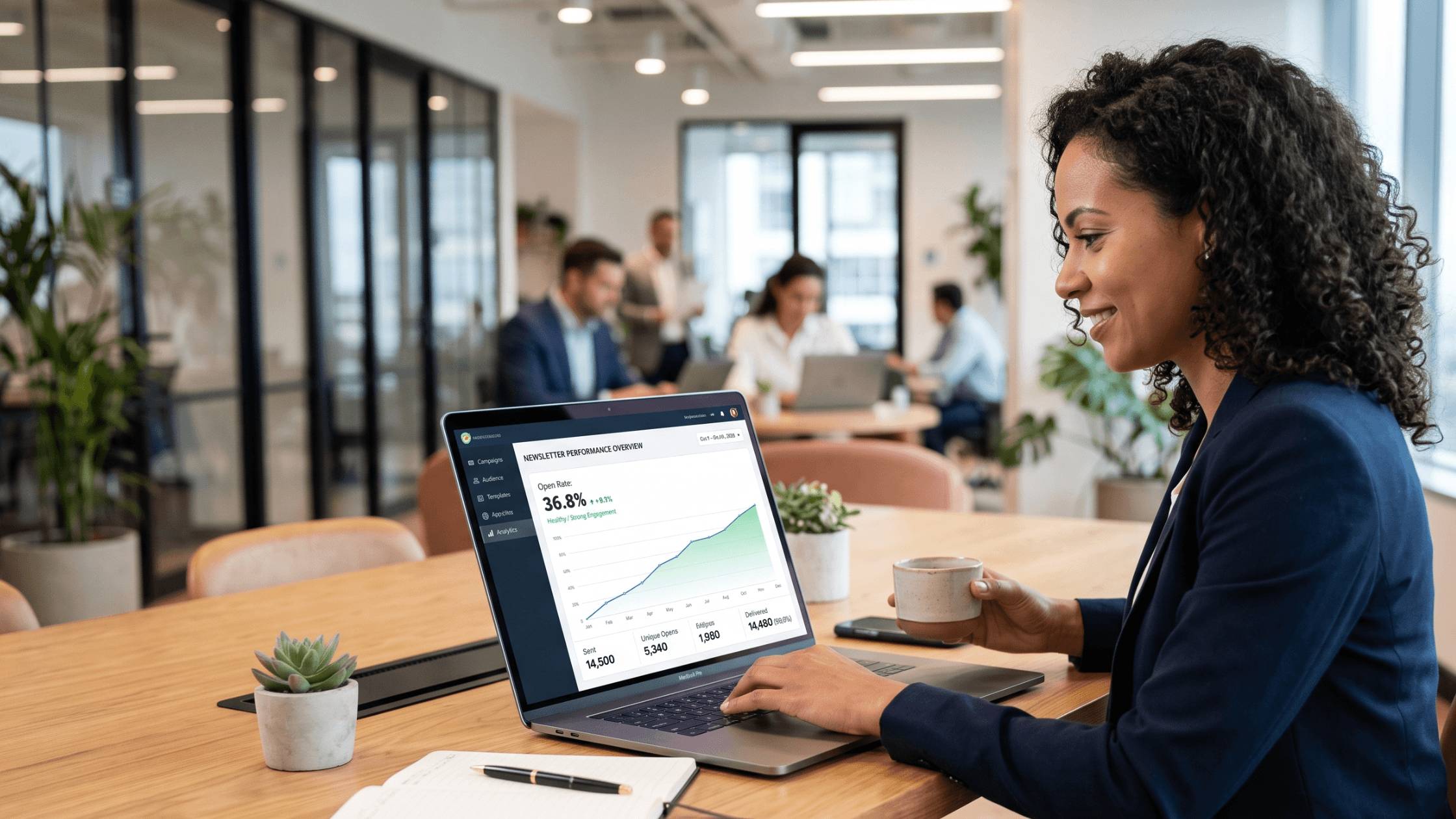 A business woman sitting at her desk, looking at her newsletter open rates